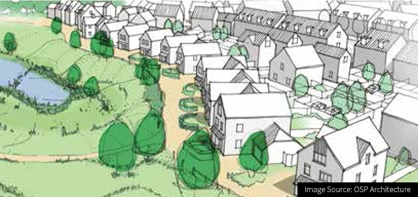 Image of an architects drawing of planned housing at Kilnwood Vale in Horsham, West Sussex