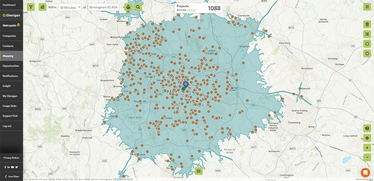 Image of Glenigan Mapping tool showing residential projects within 30 minutes drive of Birmingham New Street station.