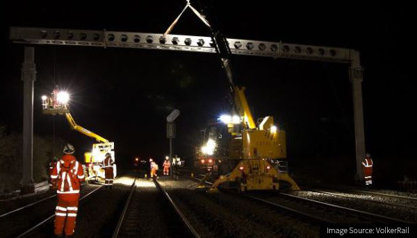 Image of night works on the VolkerRail Transpennine route infrastructure-construction project 